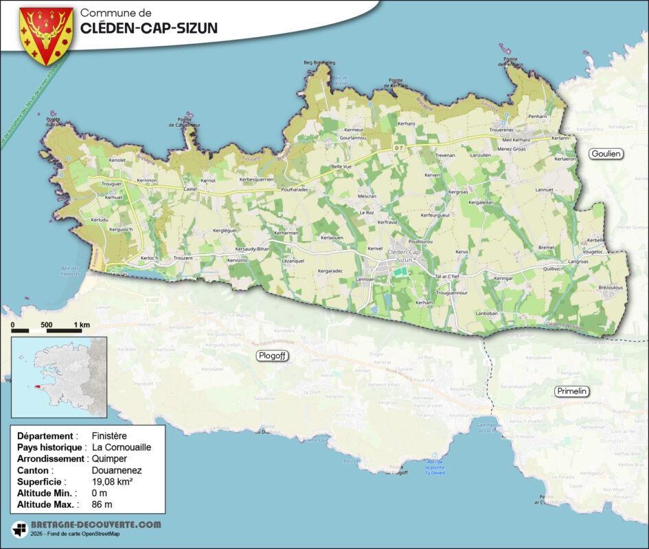 Carte de la commune de Cléden-Cap-Sizun dans le Finistère.