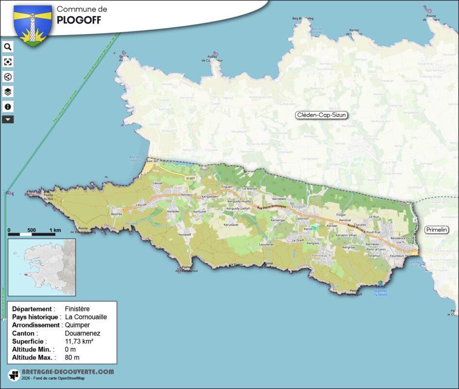Carte de la commune de Plogoff dans le Finistère.