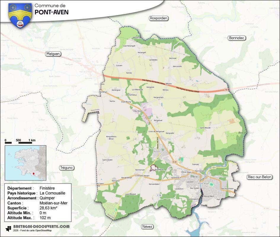 Carte de la commune de Pont-Aven dans le Finistère.