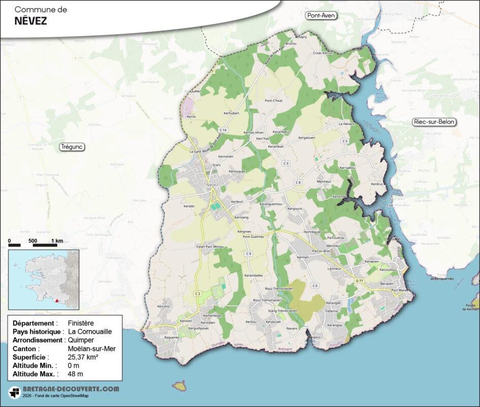 Carte de la commune de Névez dans le Finistère.
