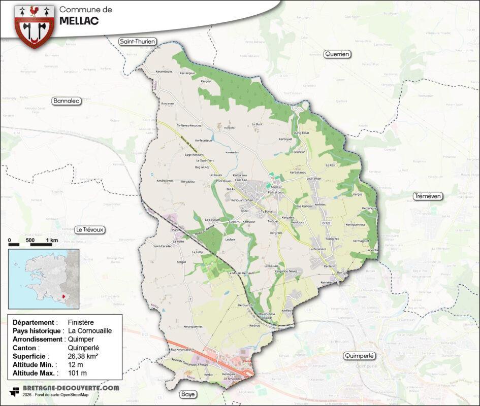 Carte de la commune de Mellac dans le Finistère.