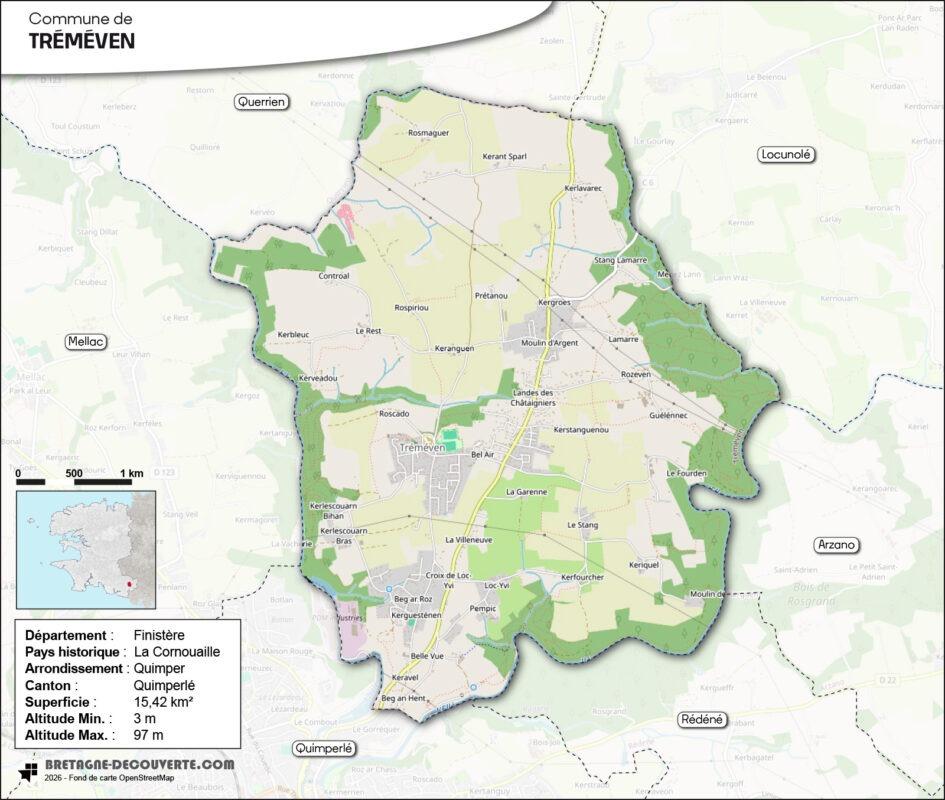 Carte de la commune de Tréméven dans le Finistère.