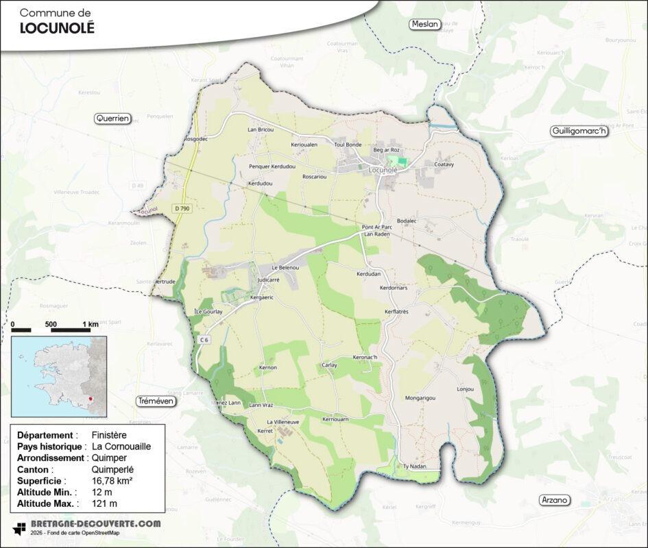 Carte de la commune de Locunolé dans le Finistère.