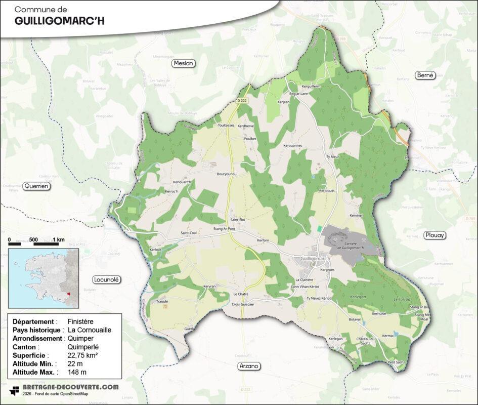 Carte de la commune de Guilligomarc'h dans le Finistère.