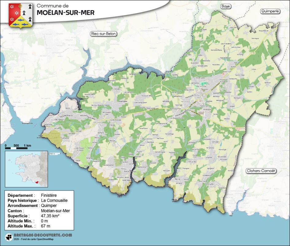 Carte de la commune de Moëlan-sur-Mer dans le Finistère.