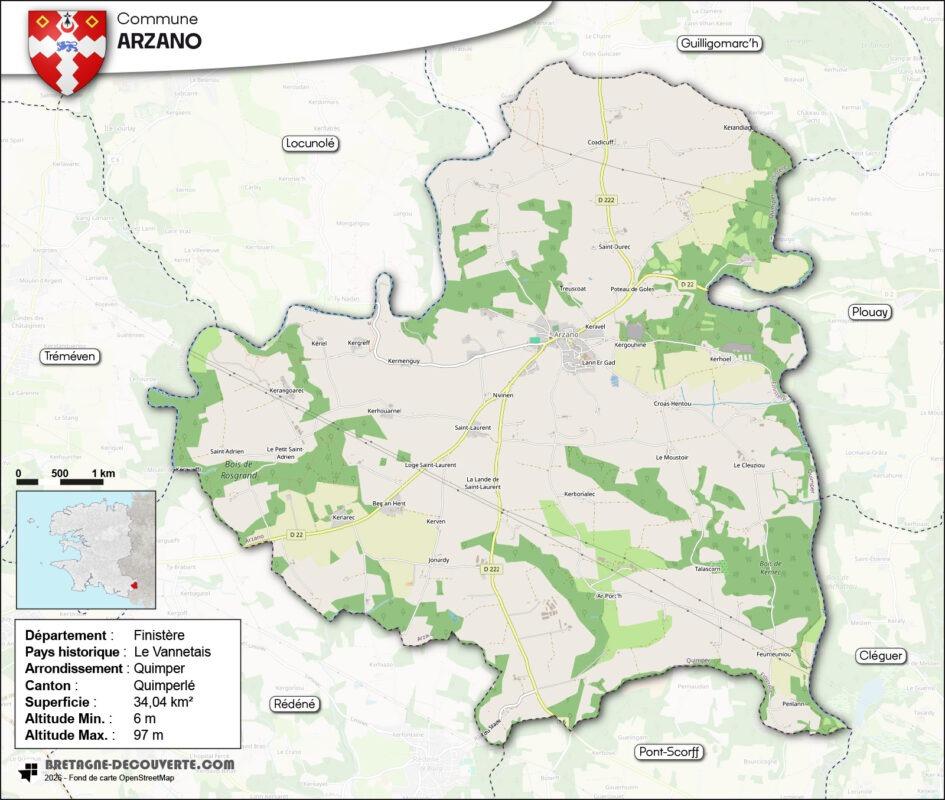Carte de la commune d'Arzano dans le Finistère.