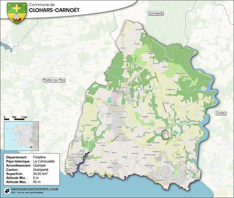 Carte de la commune de Clohars-Carnoët dans le Finistère.