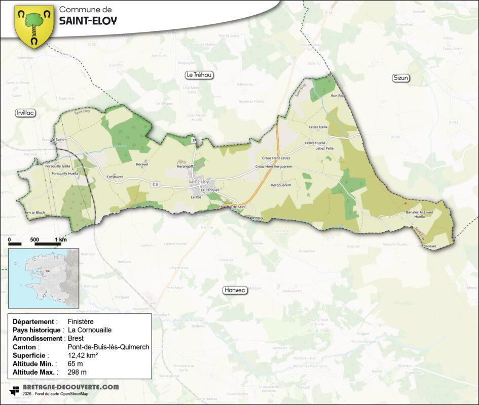 Carte de la commune de Saint-Eloy dans le Finistère.