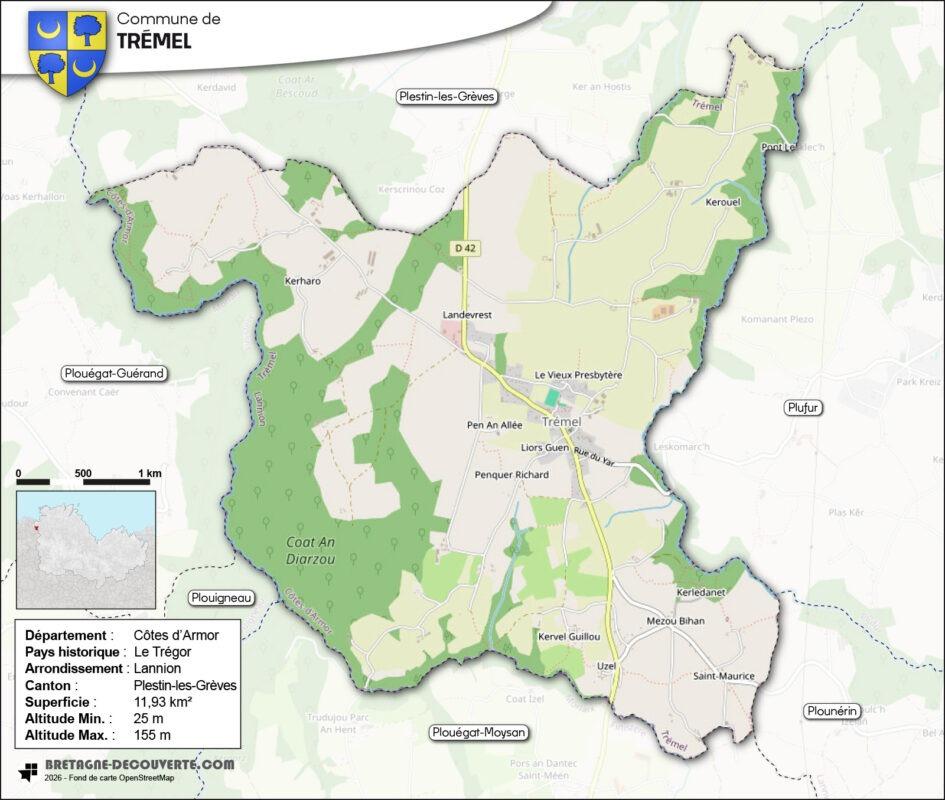 Carte de la commune de Trémel dans les Côtes d'Armor.