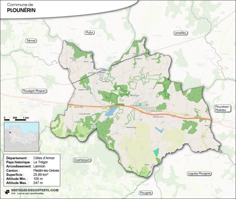 Carte de la commune de Plounérin dans les Côtes d'Armor.