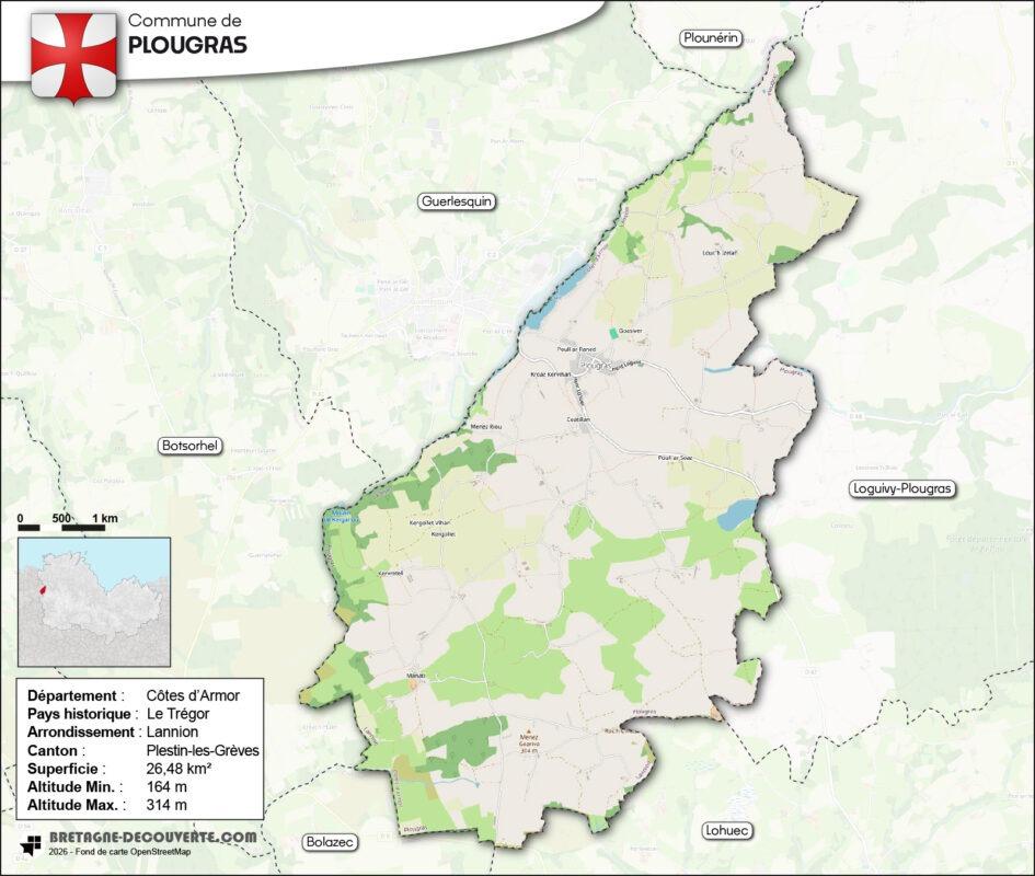 Carte de la commune de Plougras dans les Côtes d'Armor.