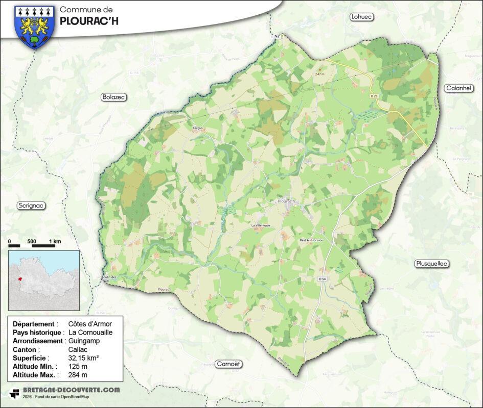 Carte de la commune de Plourac'h dans les Côtes d'Armor.