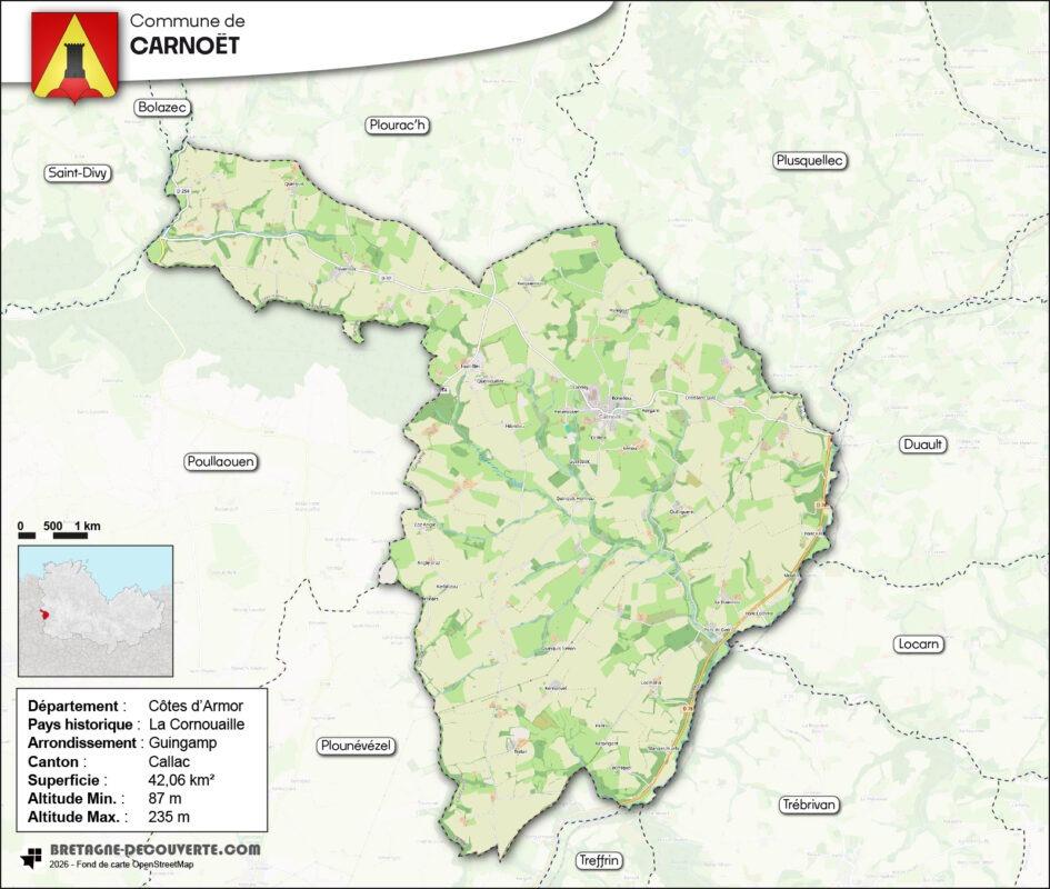 Carte de la commune de Carnoët dans les Côtes d'Armor.