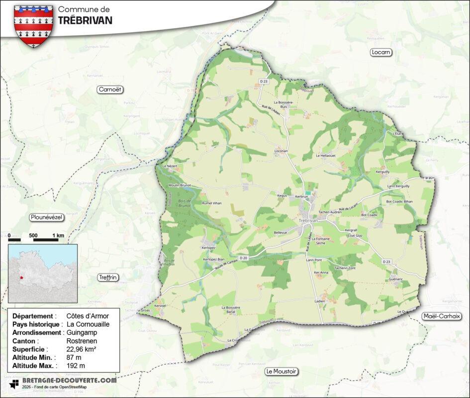 Carte de la commune de Trébrivan dans les Côtes d'Armor.