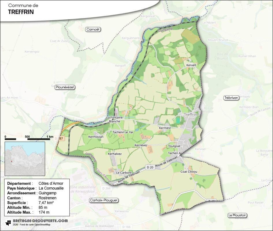 Carte de la commune de Treffrin dans les Côtes d'Armor.