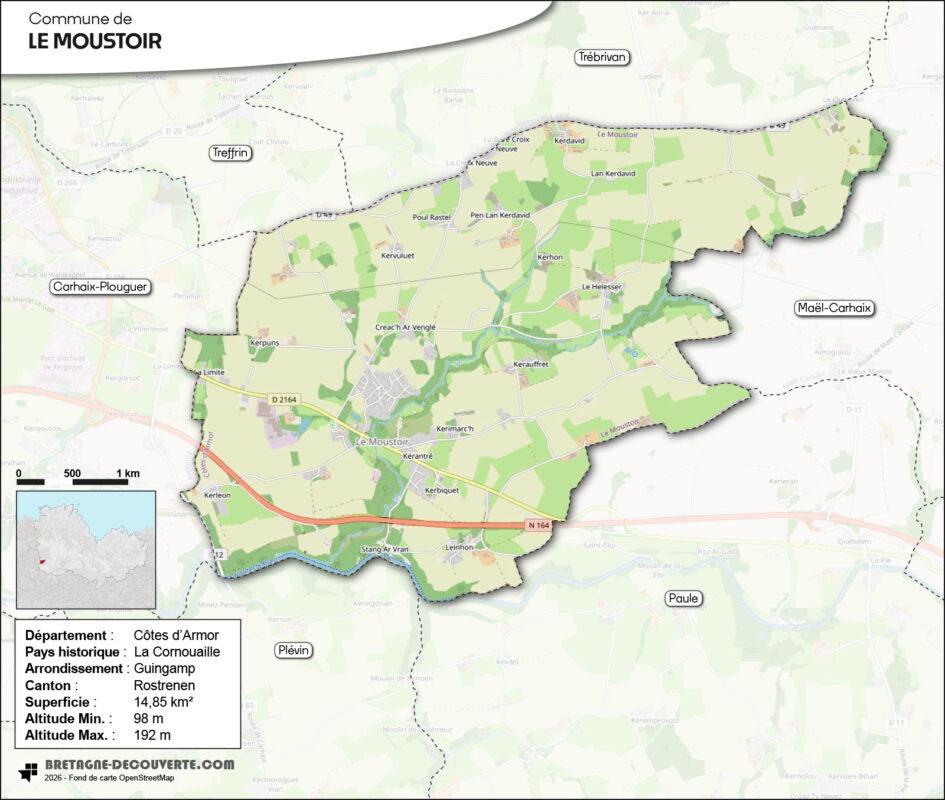 Carte de la commune du Moustoir dans les Côtes d'Armor.