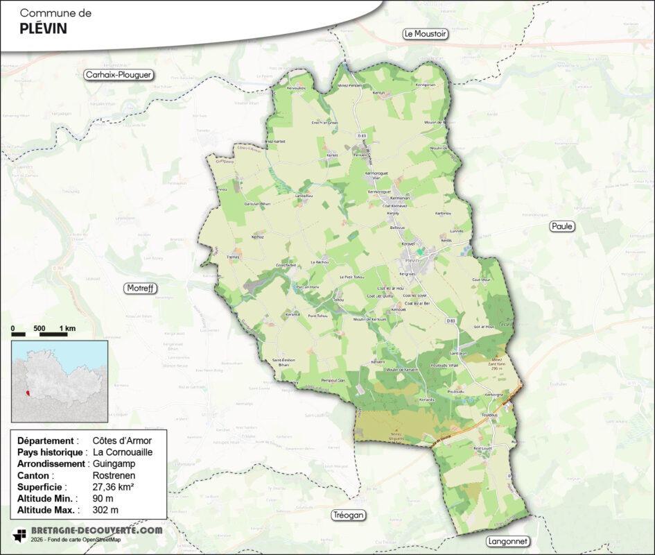 Carte de la commune de Plévin dans les Côtes d'Armor.