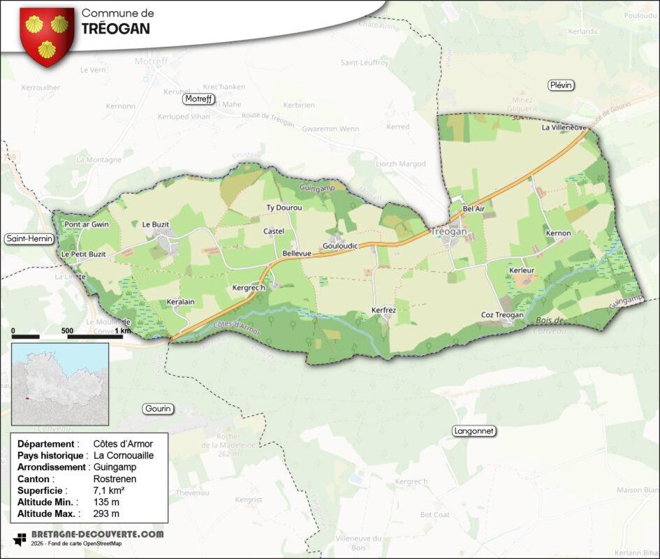 Carte de la commune de Tréogan dans les Côtes d'Armor.