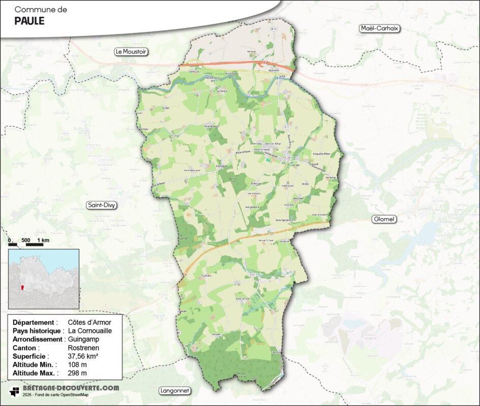 Carte de la commune de Paule dans les Côtes d'Armor.