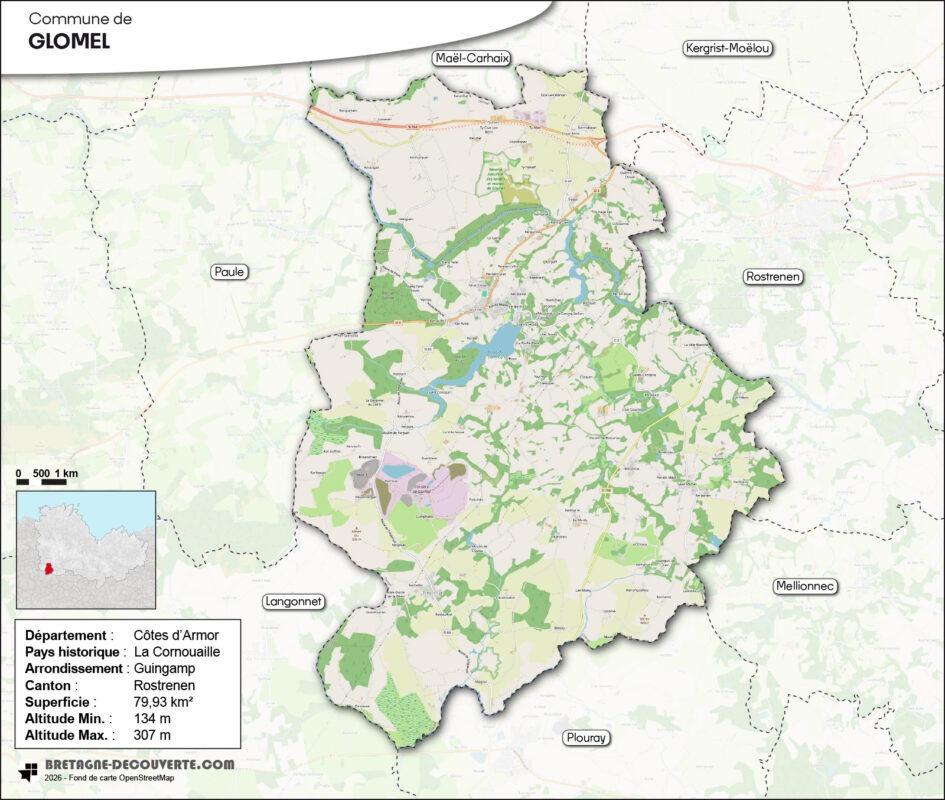 Carte de la commune de Glomel dans les Côtes d'Armor.