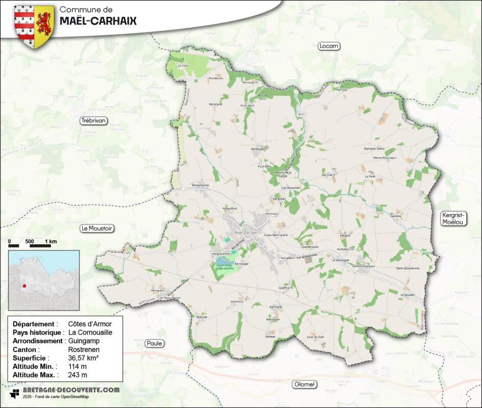 Carte de la commune de Maël-Carhaix dans les Côtes d'Armor.