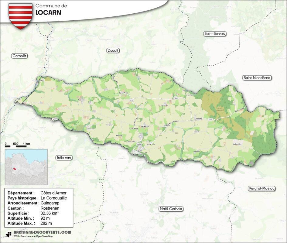 Carte de la commune de Locarn dans les Côtes d'Armor.