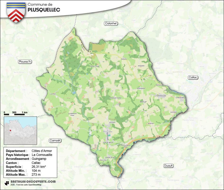 Carte de la commune de Plusquellec dans les Côtes d'Armor.