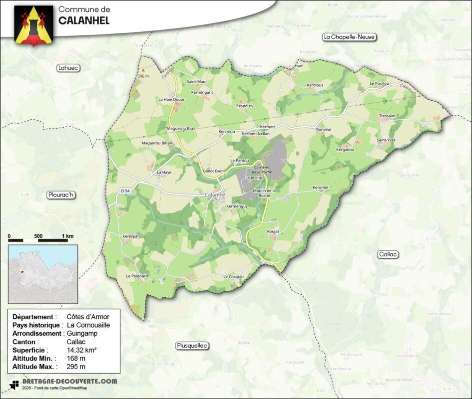 Carte de la commune de Calanhel dans les Côtes d'Armor.