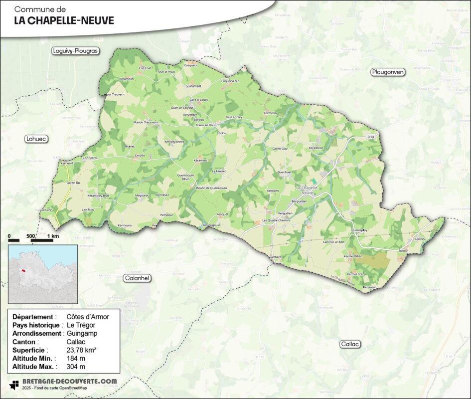 Carte de la commune de La Chapelle-Neuve dans les Côtes d'Armor.