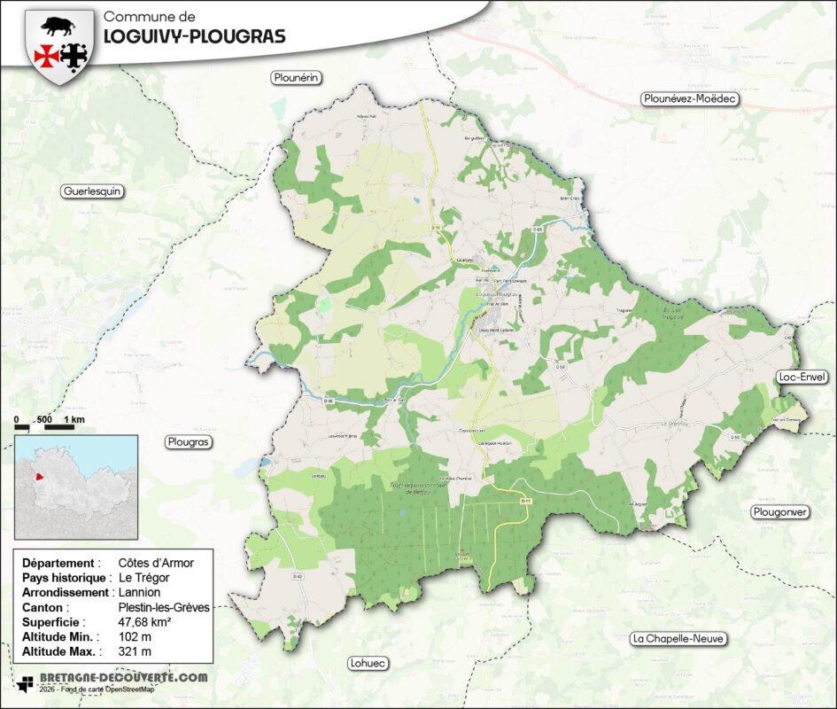 Carte de la commune de Loguivy-Plougras dans les Côtes d'Armor.