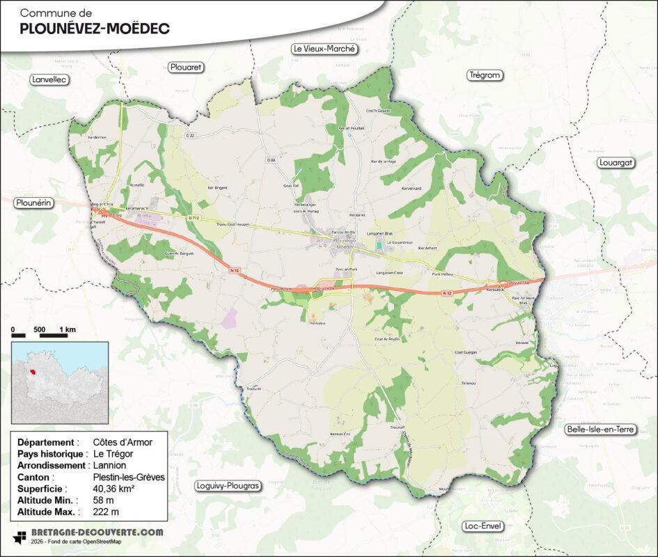 Carte de la commune de Plounévez-Moëdec dans les Côtes d'Armor.