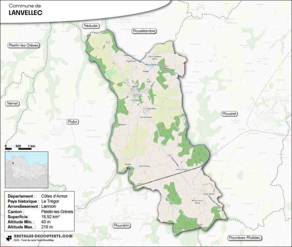 Carte de la commune de Lanvellec dans les Côtes d'Armor.