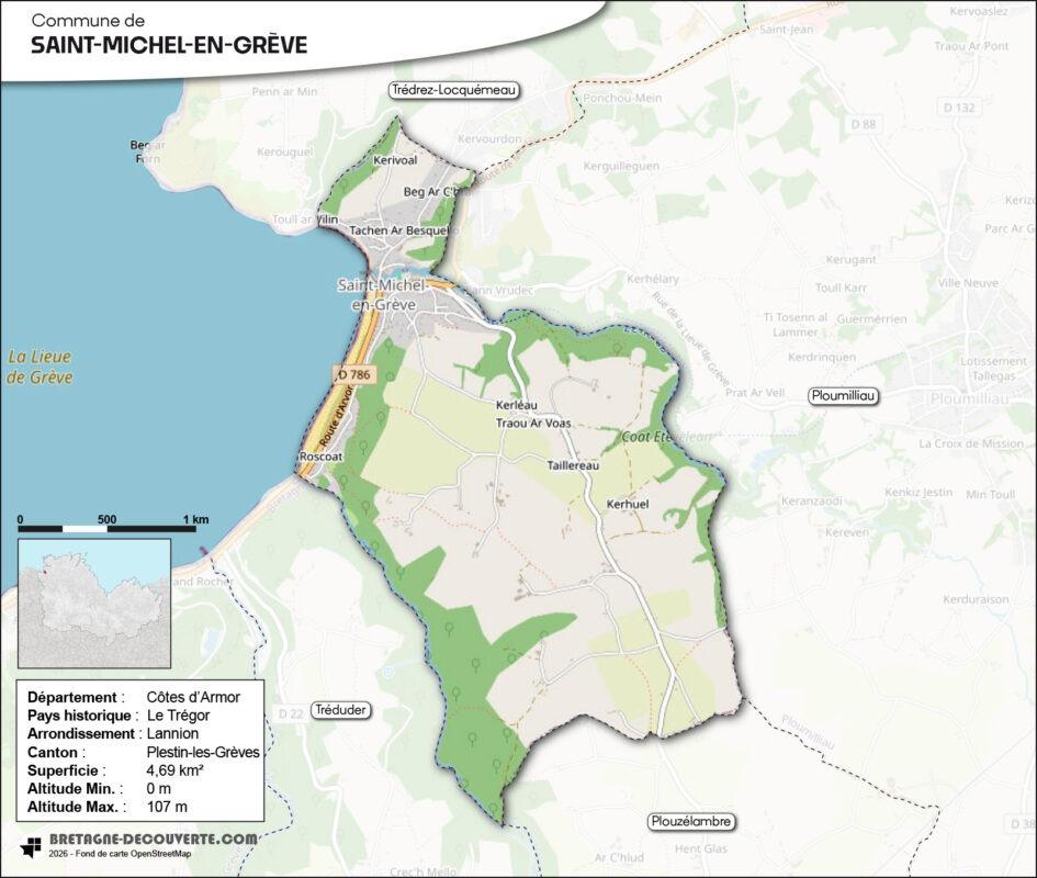Carte de la commune de Saint-Michel-en-Grève dans les Côtes d'Armor.