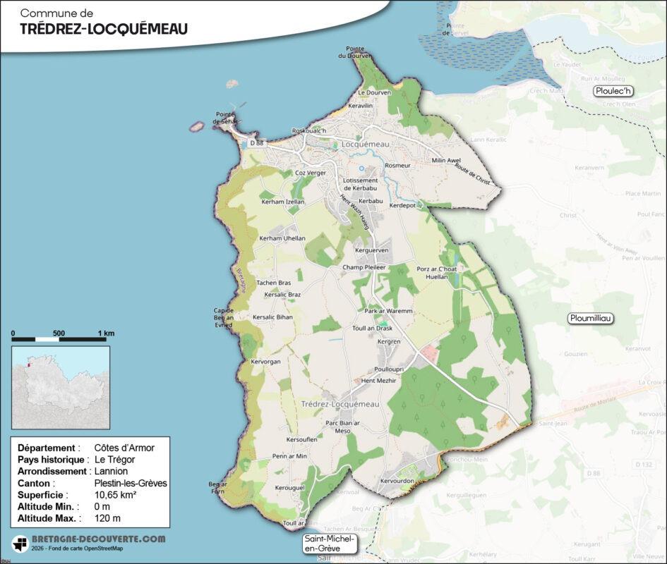 Carte de la commune de Trédrez-Locquémeau dans les Côtes d'Armor.