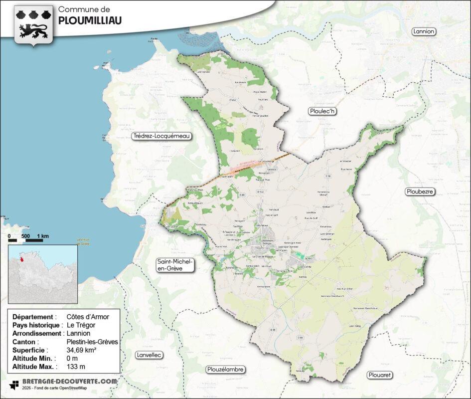 Carte de la commune de Ploumilliau dans les Côtes d'Armor.