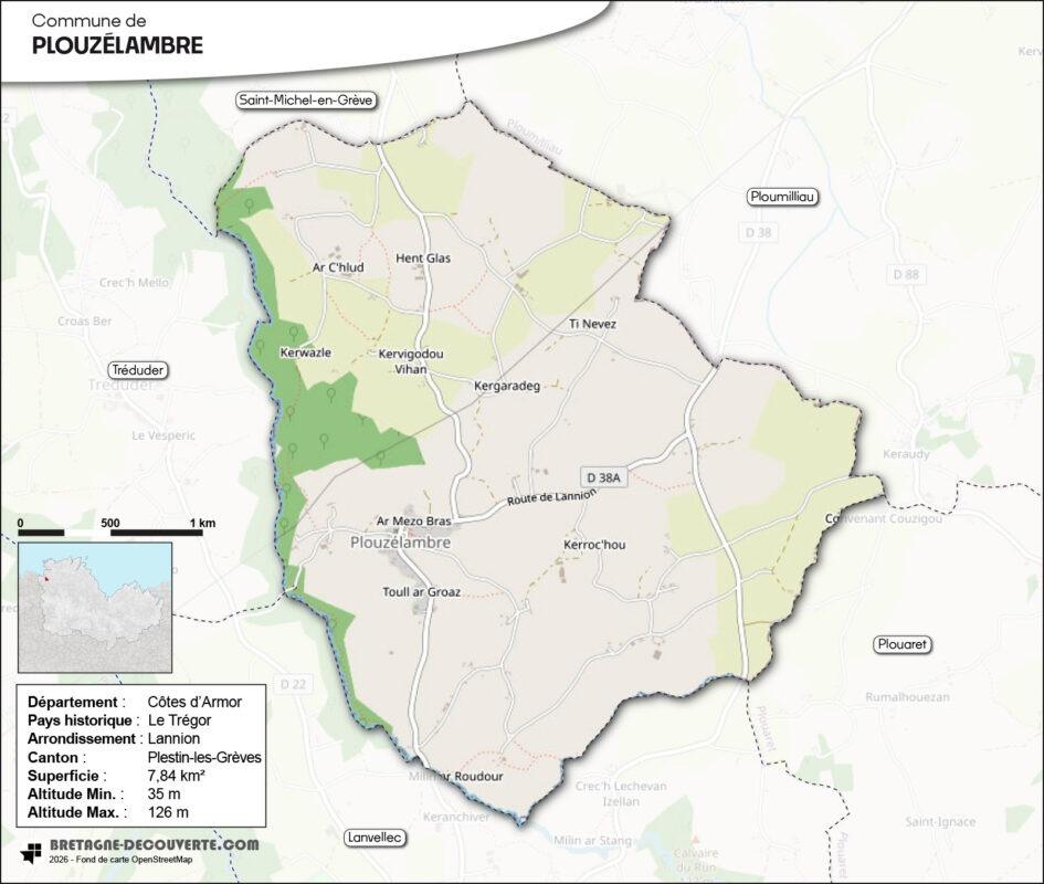 Carte de la commune de Plouzélambre dans les Côtes d'Armor.