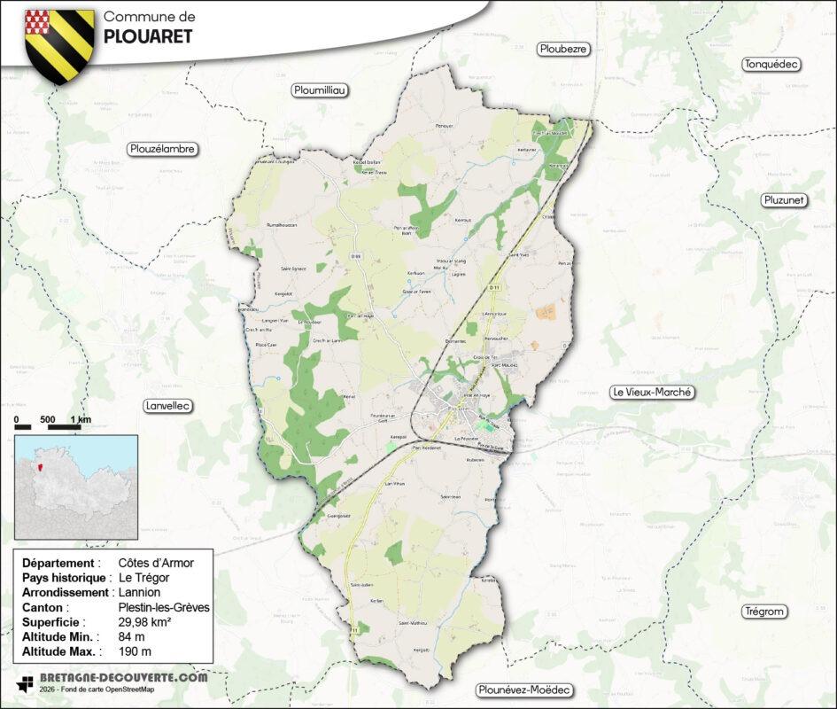 Carte de la commune de Plouaret dans les Côtes d'Armor.