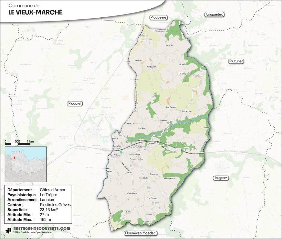 Carte de la commune du Vieux-Marché dans les Côtes d'Armor.