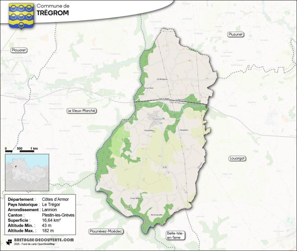 Carte de la commune de Trégrom dans les Côtes d'Armor.