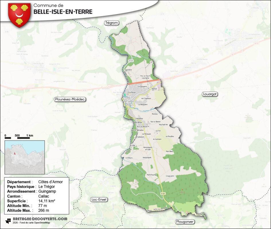Carte de la commune de Belle-Isle-en-Terre dans les Côtes d'Armor.