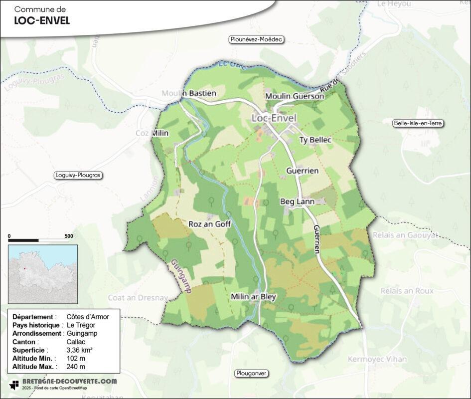 Carte de la commune de Loc-Envel dans les Côtes d'Armor.
