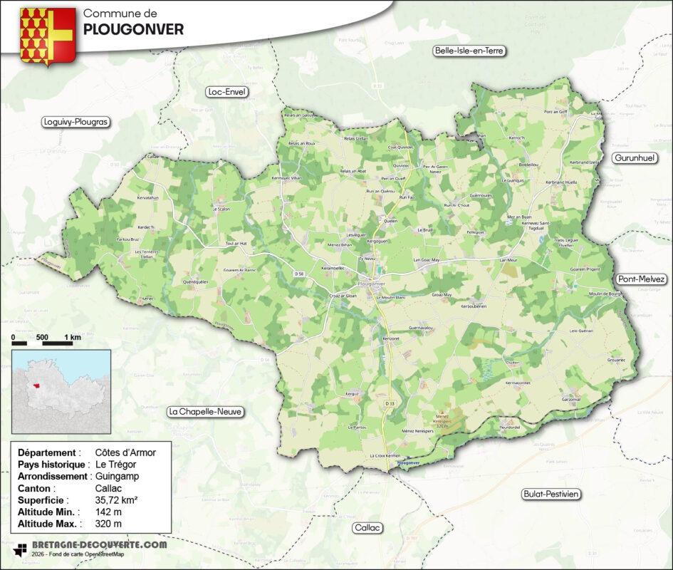Carte de la commune de Plougonver dans les Côtes d'Armor.