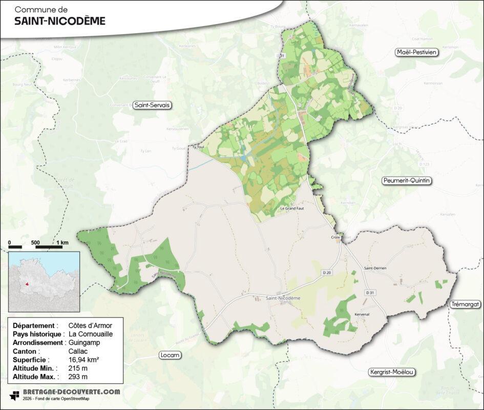 Carte de la commune de Saint-Nicodème dans les Côtes d'Armor.
