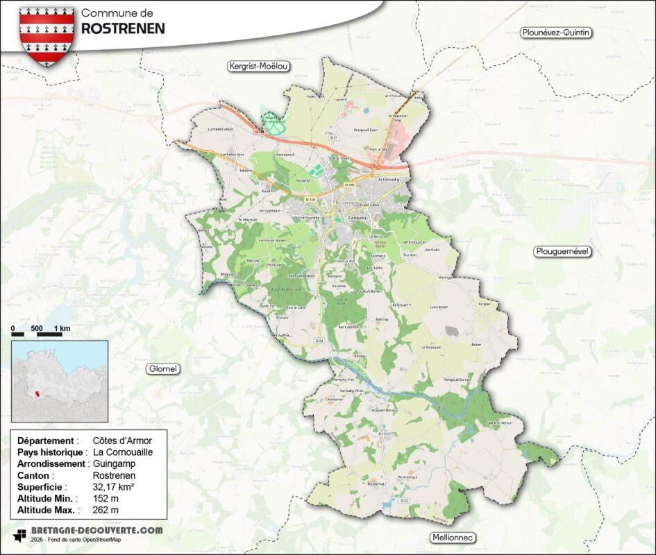 Carte de la commune de Rostrenen dans les Côtes d'Armor.