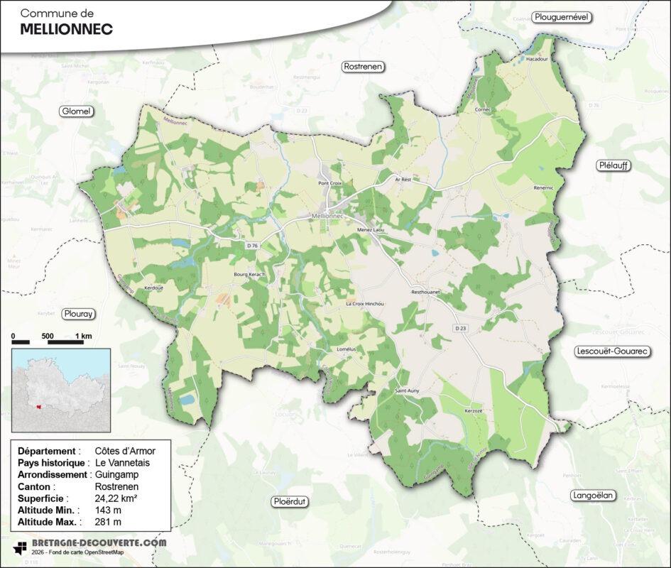 Carte de la commune de Mellionnec dans les Côtes d'Armor.