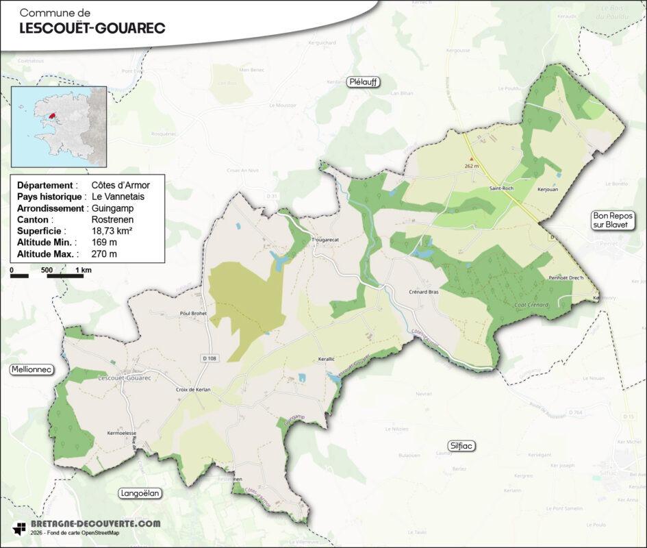 Carte de la commune de Lescouët-Gouarec dans les Côtes d'Armor.