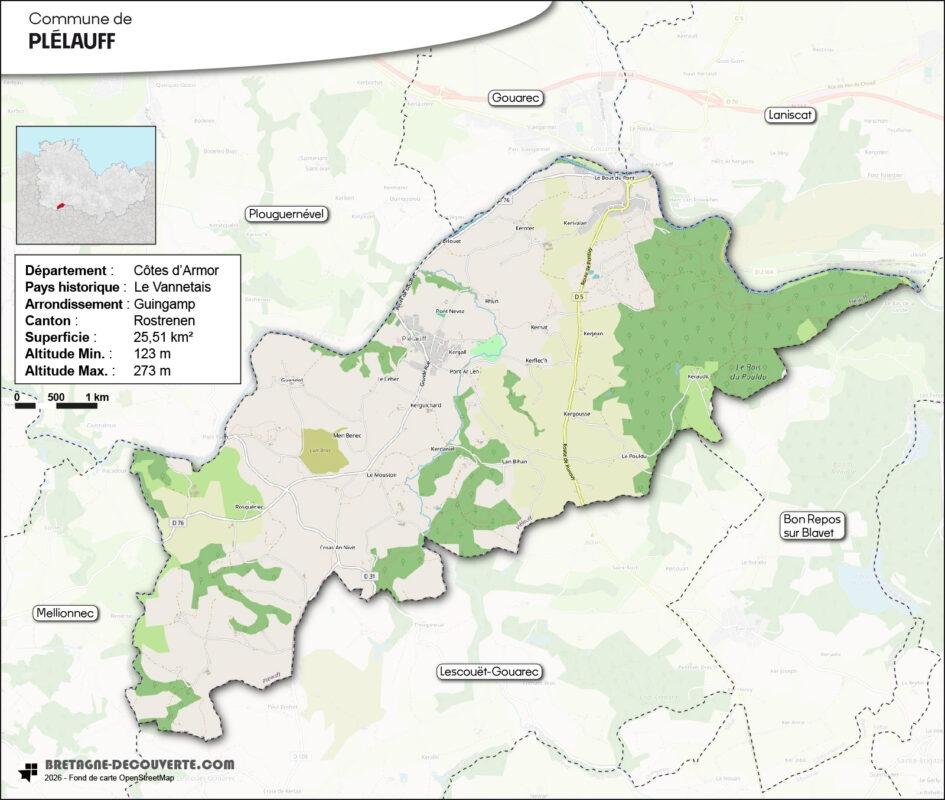 Carte de la commune de Plélauff dans les Côtes d'Armor.