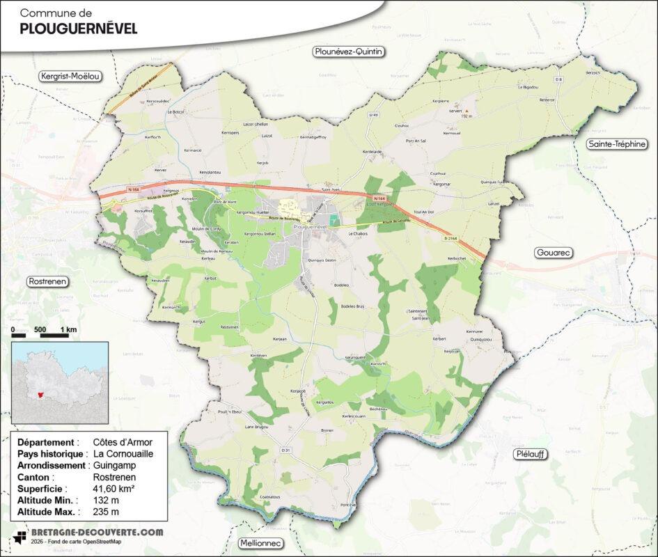 Carte de la commune de Plouguernével dans les Côtes d'Armor.