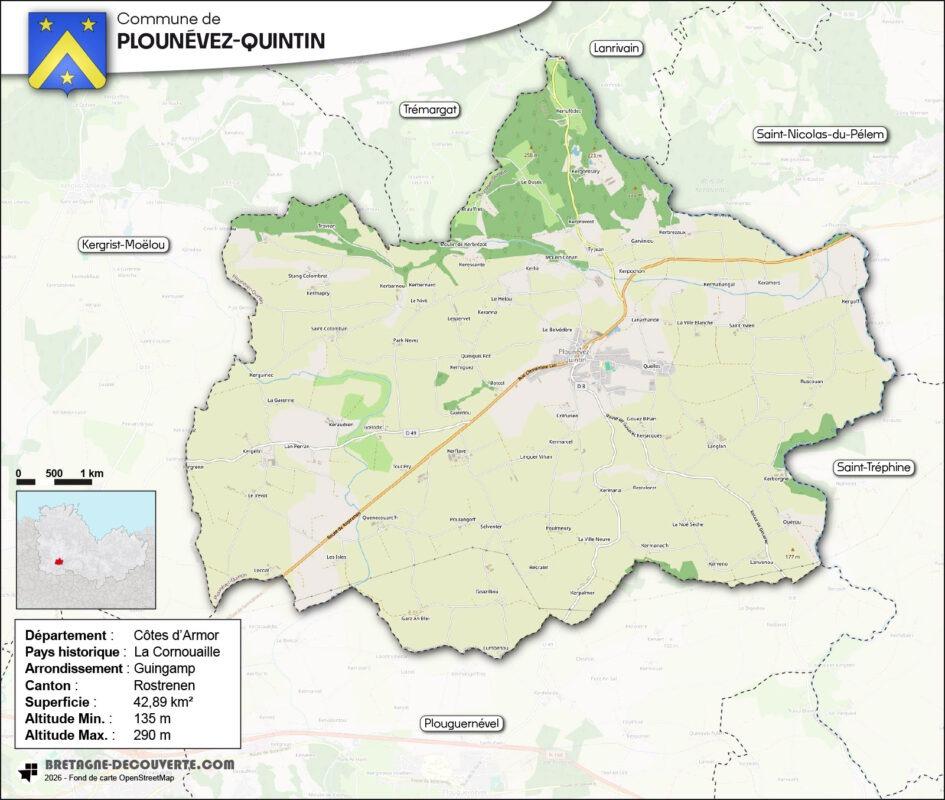 Carte de la commune de Plounévez-Quintin dans les Côtes d'Armor.