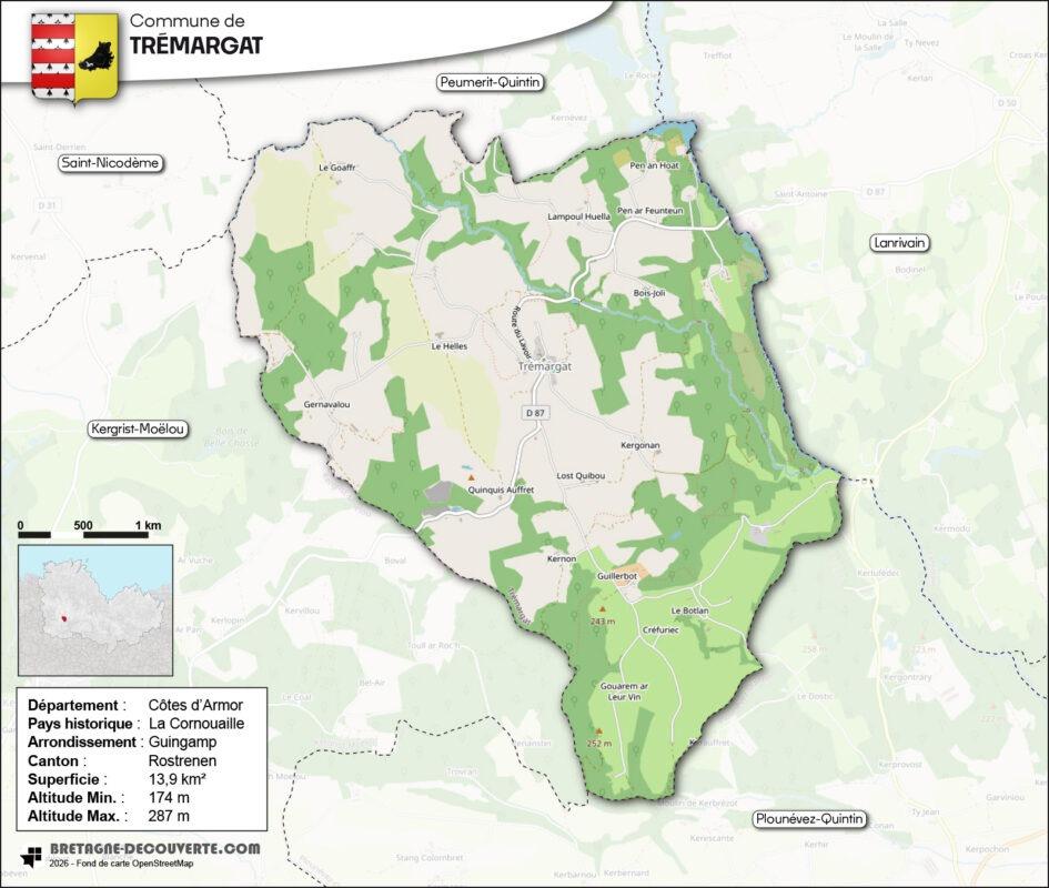 Carte de la commune de Trémargat dans les Côtes d'Armor.